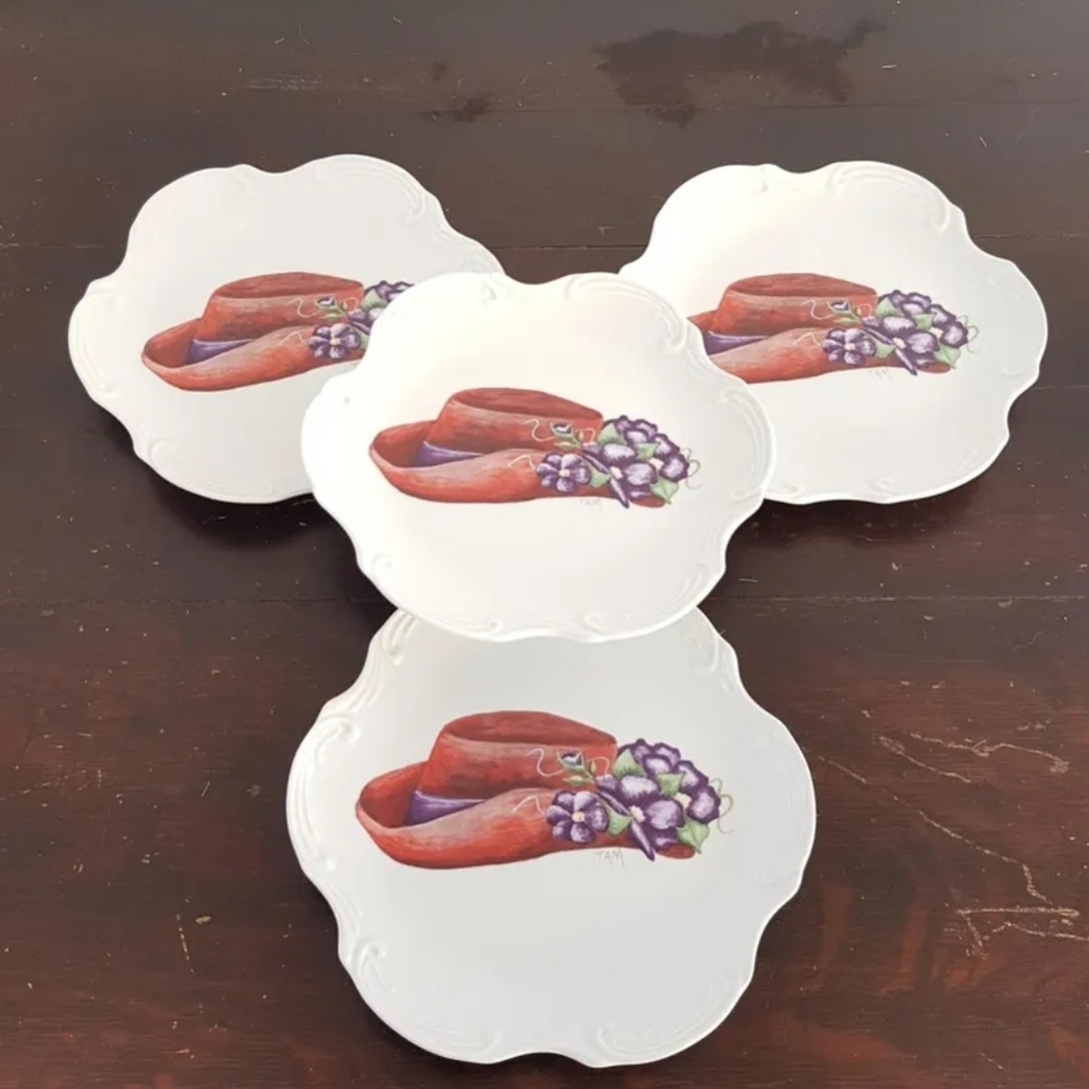 VINTAGE Inspiration Rigaud QC Red Hat Porcelain Salad Plates Set of 4 Scalloped